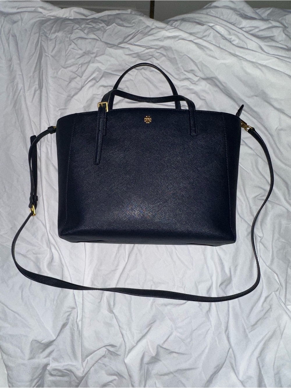 Tory Burch Navy Emerson Small Tote Leather Satchel with Crossbody Strap
